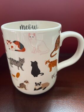 NWT Mainstays White Stoneware “Meow” Mug with Multicolor Cat Illustrations